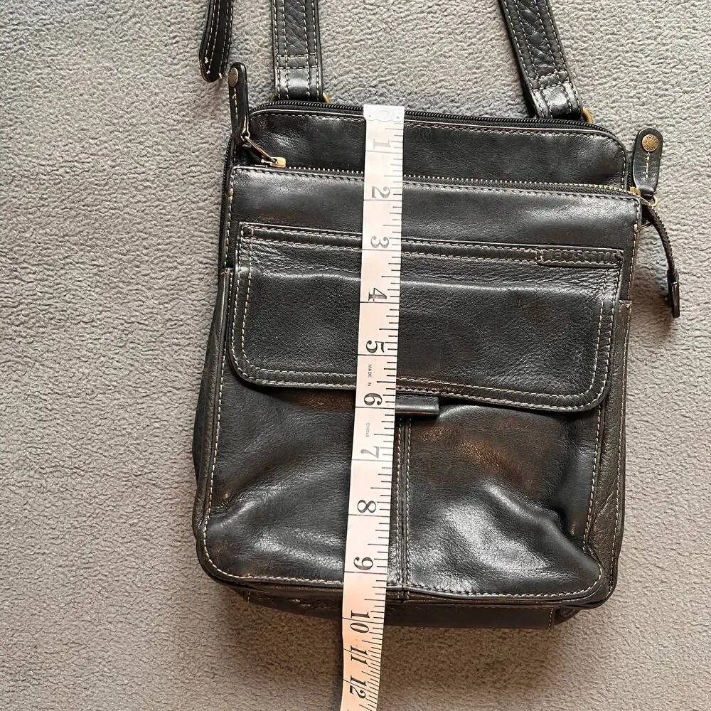 VTG Fossil Leather Shoulder Bag Black Unisex Minimalist Organizer Purse Retro